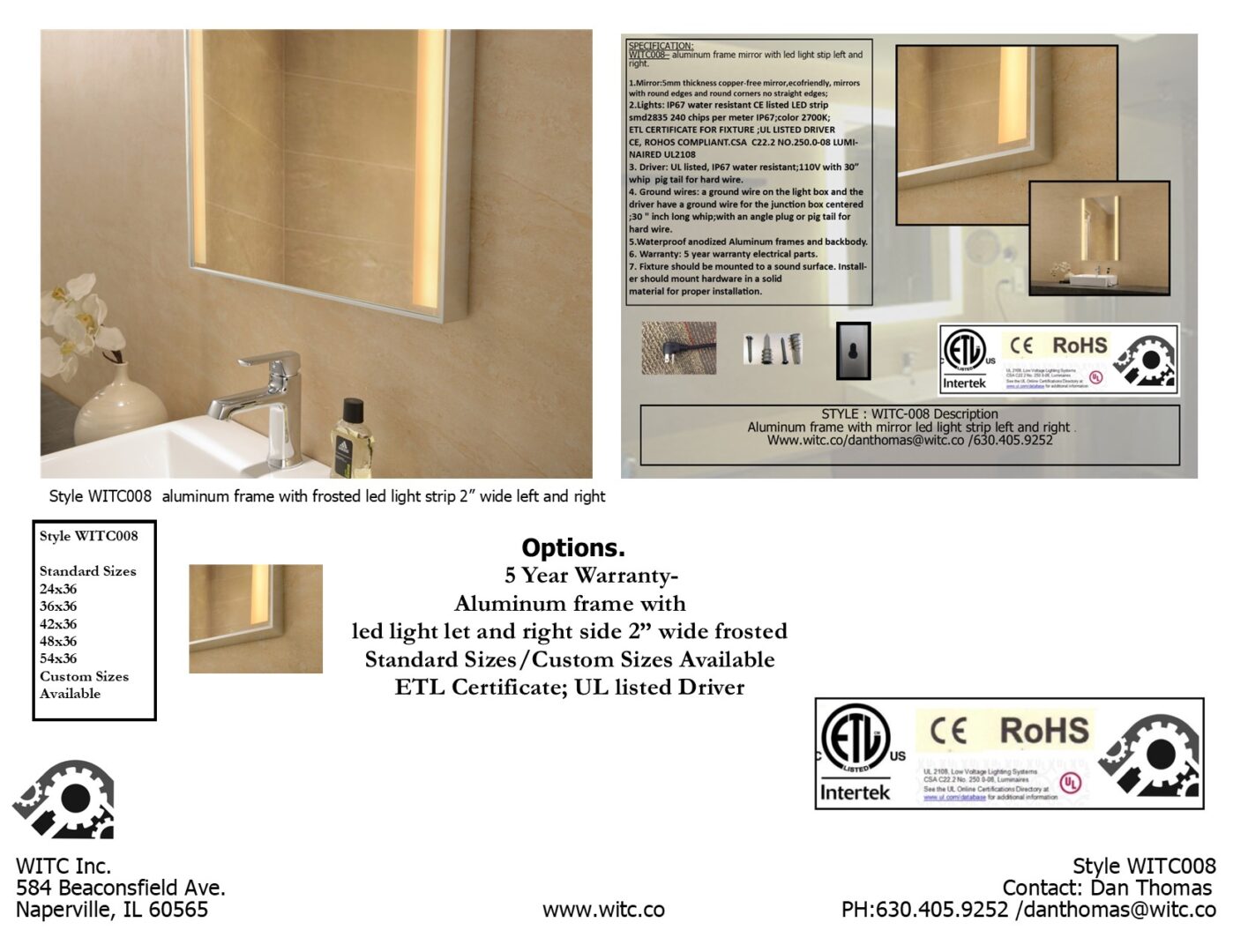 A brochure showing a bathroom with a mirror and a sink.