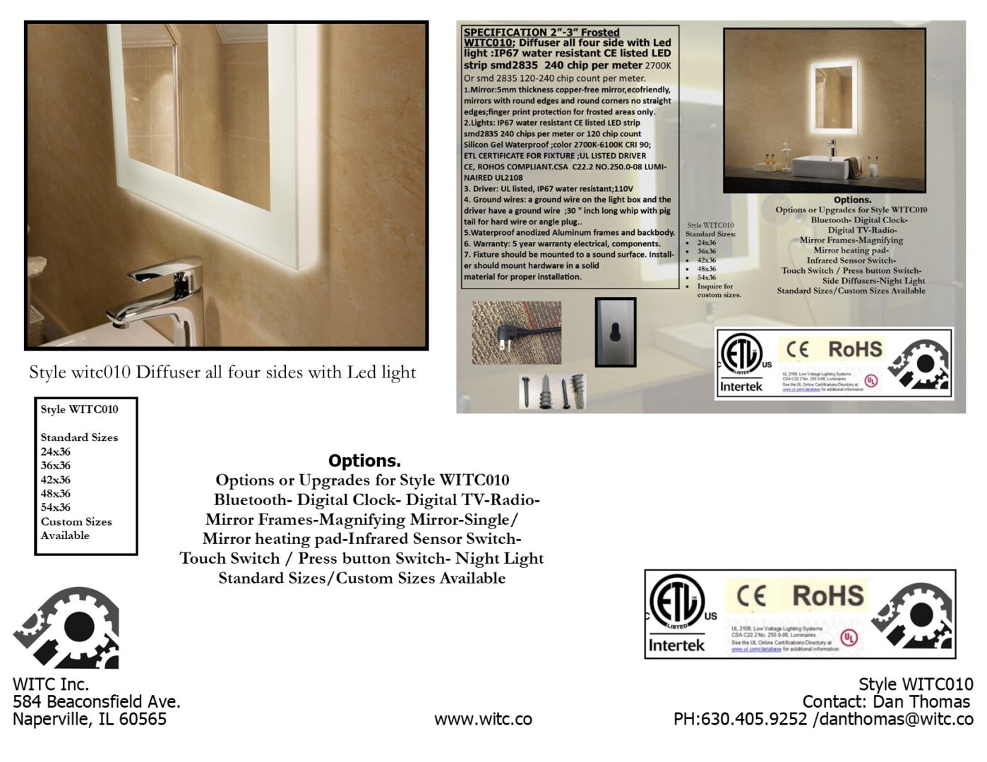 A brochure showing a bathroom with a mirror and a sink.